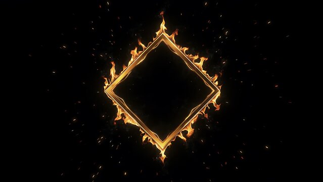 A glowing diamond shaped frame made of bright orange fire flames burning on black background
