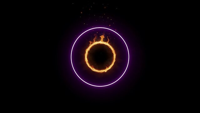 Glowing purple neon circle frame surrounding a burning fire ring isolated on black background
