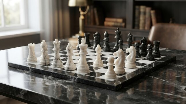 Marble chess set on a dark stone table in a library