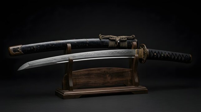 Exquisite Sword Display, Traditional Katana, Artisan Workshop, Photography, Indoor, Close-Up, Craftsmanship