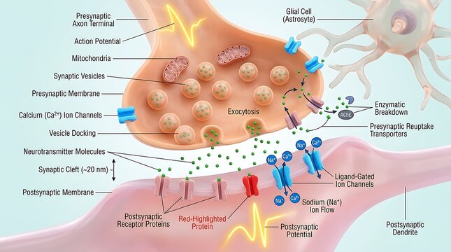 Diagram of chemical synaptic transmission between neurons with neurotransmitter