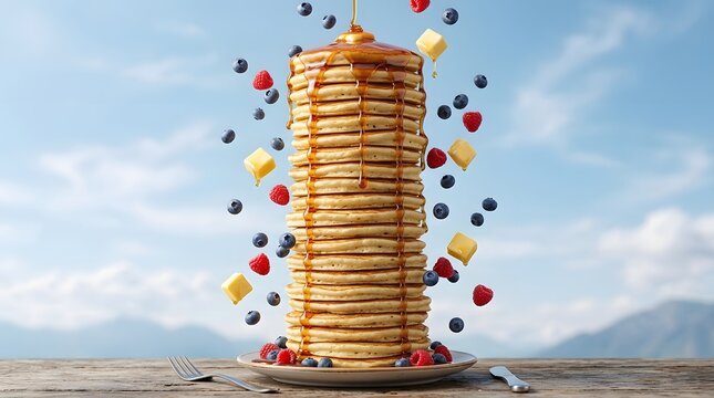 Deliciosa Torre de Panquecas com Frutas Vermelhas e Manteiga, Fotografada em uma Cozinha Iluminada, Fotografia Gastron&ocirc;mica, Del&iacute;cia Culin&aacute;ri
