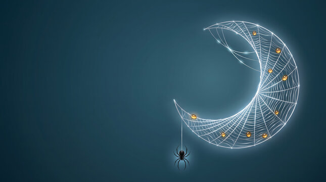 Crescent moon wrapped in glowing spider silk web with cosmic starry background