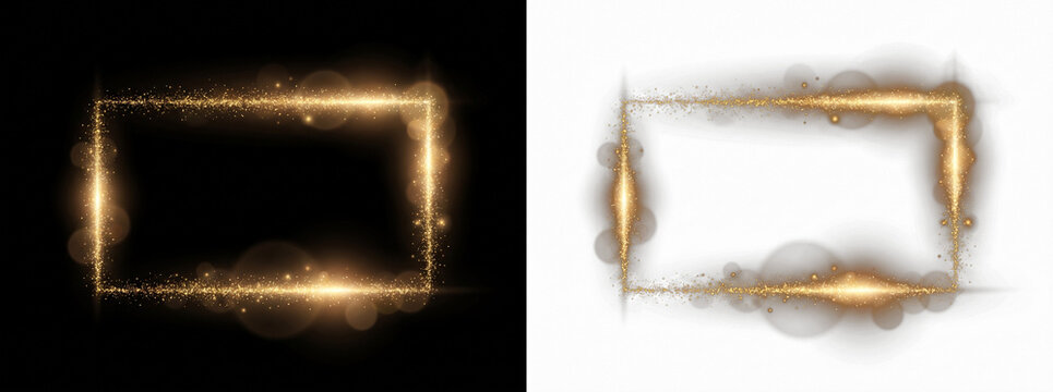 Golden light frame, glowing particles rectangle border for promotion, Transparent background