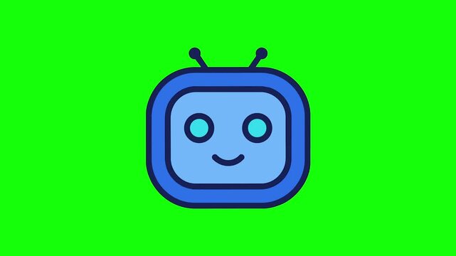 Animated blue robot head blinking on a green screen background for artificial intelligence concepts