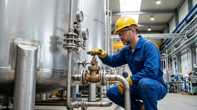 Industrial worker adjusting valve on large stainless steel tank in factory setting