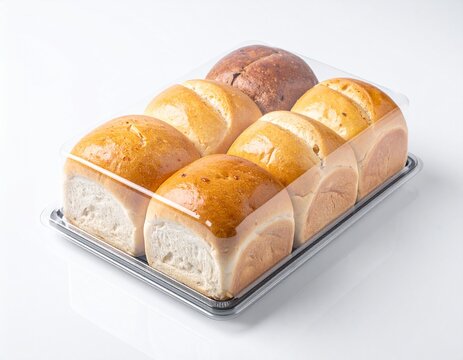 Assorted fresh bread rolls packaged in clear plastic container