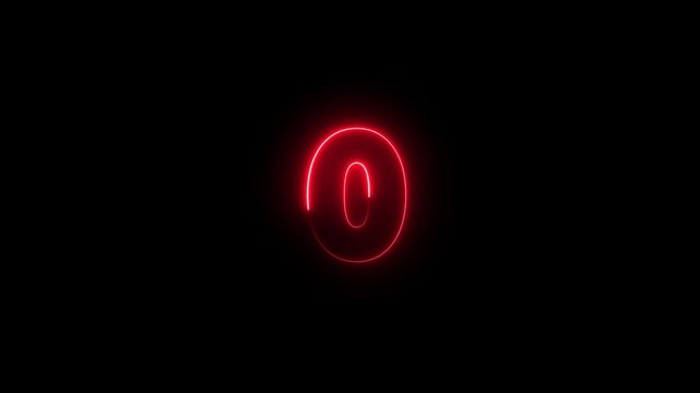 Glowing neon countdown text from 5 to 0 animation isolated on Black Background