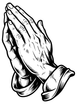 Black and white illustration of two human hands pressed together in a prayer position isolated on transparent background, Vector, illustration
