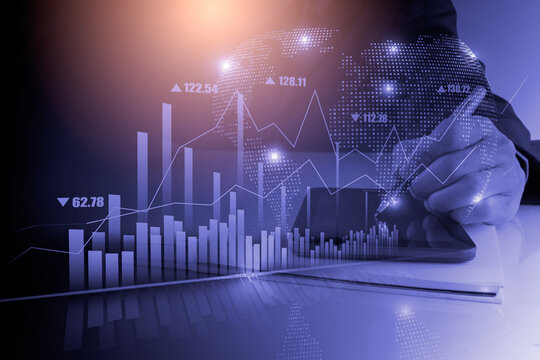 Business man on digital stock market financial indicator background. Digital business and stock market financial indicator on LED. Double exposure of business man and digital stock market financial.