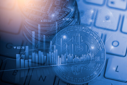 Modern way of exchange. Bitcoin is convenient payment in global economy market. Virtual digital currency and financial investment trade concept. Abstract cryptocurrency with gold bitcoin background.
