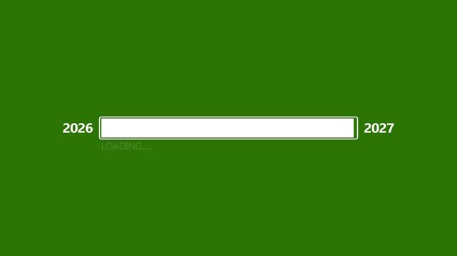 Year 2026 to 2027 transition on dark blue digital background, futuristic display with loading bar indicating progress from past to upcoming year.