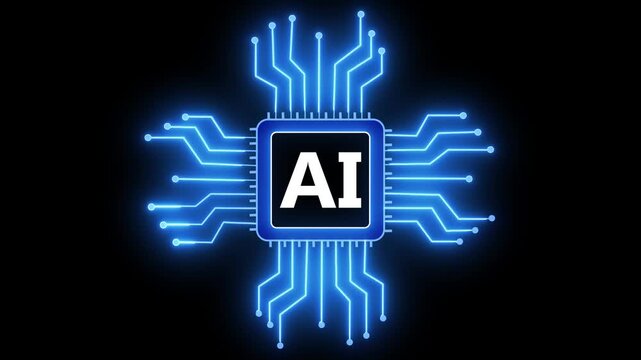 Abstract digital motion graphic showing artificial intelligence chip with glowing circuits and data connections in futuristic tech environment.
