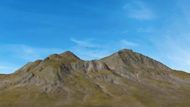 Animated Military Drones Flying Over Mountain Landscape, Aerial Surveillance and Defense Concept