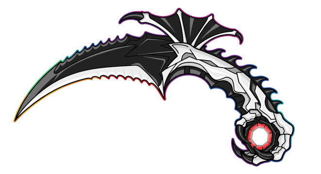Fantasy dragon bone karambit knife with red glowing orb