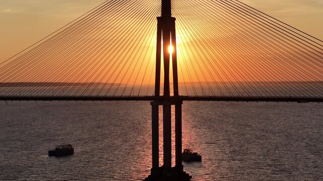 Phelippe Daou Bridge At Manaus In Amazonas Brazil. Sunrise Cable Bridge. Peaceful Landscape. Amazon Black River. Phelippe Daou Bridge In Manaus In Amazonas Brazil. Beautiful Sunset. Amazon Forest.