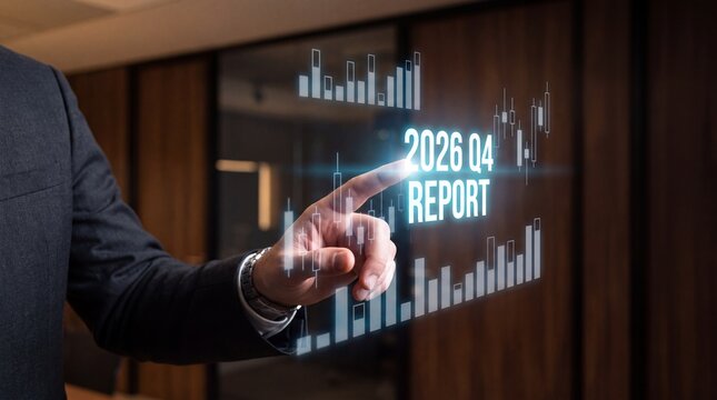 Businessman touching holographic 2026 q4 financial report interface in dark office