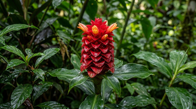 Vibrant Red Ginger Flower Blooming in Lush Tropical Rainforest