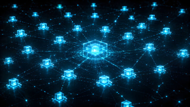 Blockchain network with connected glowing cubes data security.