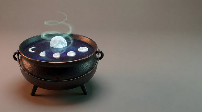 Witch cauldron with magical moon phases potion and swirling mystical smoke isolated on grey