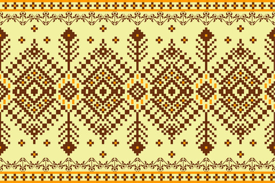 seamless geometric pattern
A seamless traditional tribal border pattern featuring diamond shapes and pixel-art style geometric motifs in shades of orange and yellow, 