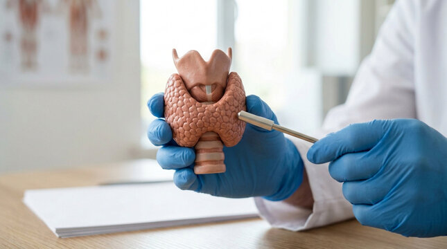 Doctor points to thyroid gland model for medical explanation