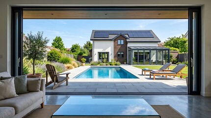 Fototapeta premium Modern luxury home with swimming pool, patio, and open plan living area with sliding glass doors