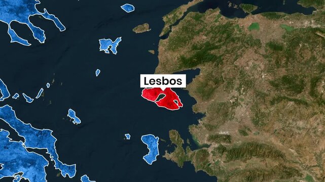 Animated map highlights Lesbos island in red motion graphic footage