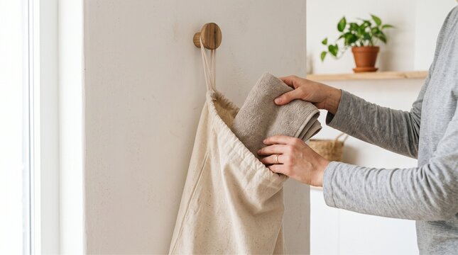 Person putting a clean towel into a hanging canvas storage bag on a wall hook