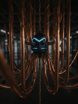 Glowing blue quantum computer processor chip with copper cooling pipes in advanced supercomputer laboratory