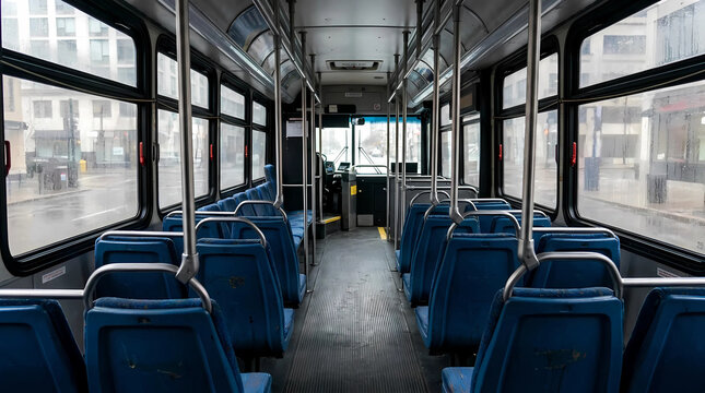 Interior of an empty metropolitan bus with blue seats