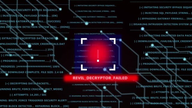 Cybersecurity threat alert featuring a critical system failure notification with red warning and digital data decryption error code displayed on a dark abstract network background interface