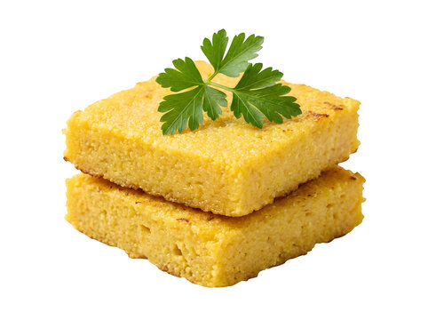 Two square slices of golden yellow cornmeal polenta topped with fresh parsley isolated on transparent background