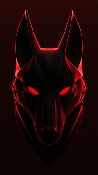 Futuristic Black Fox Mask with Glowing Red Eyes and Neon Lighting