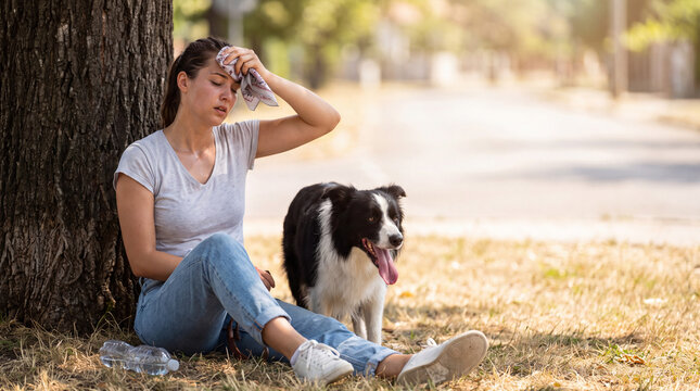 Heatwave Relief: A woman wipes sweat from her brow as she seeks shade under a tree on a hot summer day, accompanied by her panting dog, with a water bottle nearby