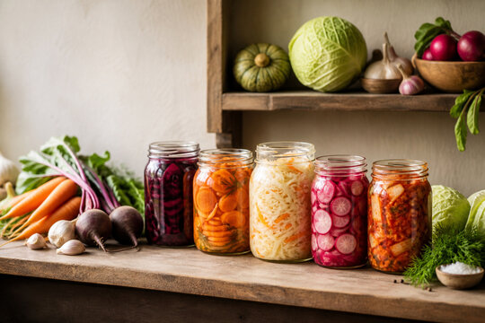 Unbranded jars of fermented autumn vegetables on a pantry shelf,パントリーに並ぶ秋野菜の無地発酵ジャー