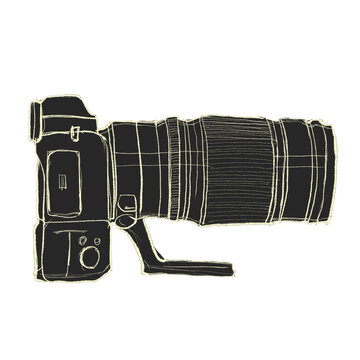 Sketch of a DSLR camera with a long telephoto lens. Great for sports or wildlife photography articles, equipment reviews, and creative studio branding.