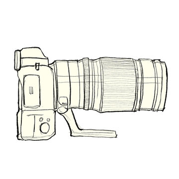 Hand-drawn sketch of a professional camera with a zoom lens on a dark background. Suited for journalism websites, photography gear ads, and studio decor.