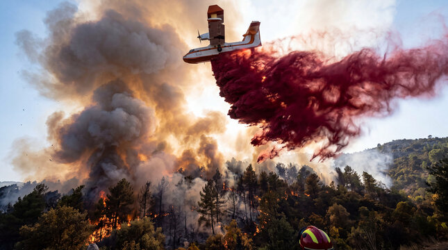 Aerial Firefighting: An amphibious aircraft bravely battles a raging forest fire, dropping a stream of retardant over the flames under a smoky sky.