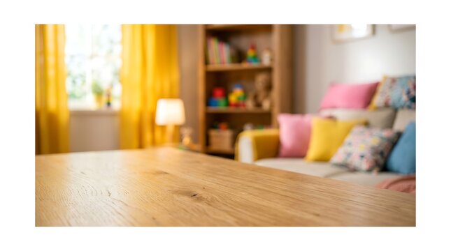 Wooden table top with blurred cozy living room background with sofa and bookshelf