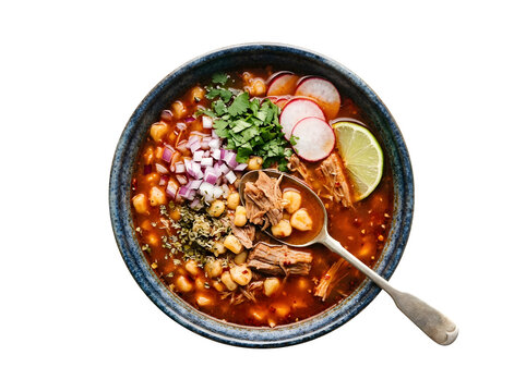 Top view of a delicious bowl of mexican pozole soup isolated on transparent background