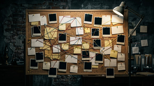 Detective investigation board with crime evidence photos and red string connection map.