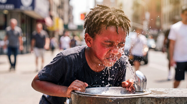 Quenching Thirst: A young boy, flushed with heat, splashes water on his face from a public drinking fountain on a sun-drenched city street. Refreshment amid urban bustle.