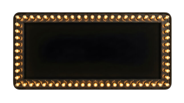 Rectangular vintage marquee sign with glowing yellow light bulbs isolated on transparent background
