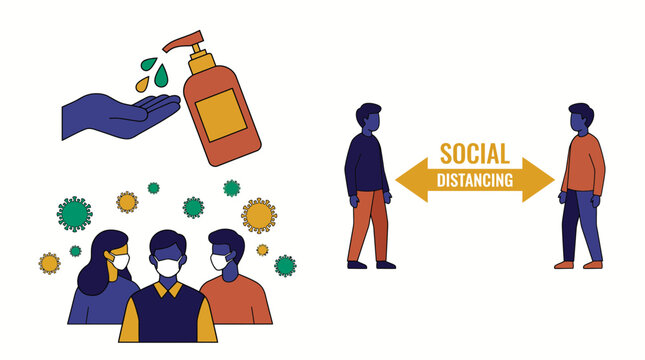 Pandemic prevention vector illustrations showcasing hand sanitizer bottle, masked people group and social distancing practice, representing virus protection and public health safety