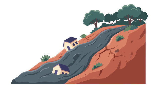 Landslide disaster vector illustration featuring destroyed houses, mud flow down slope and cracked earth, representing natural disaster impact and environmental damage