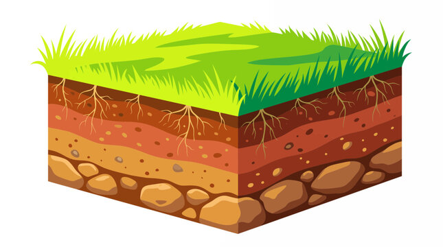 Isometric soil cross section vector featuring green grass surface, underground plant roots and geological rock strata, illustrating earth ecosystem structure and environmental education