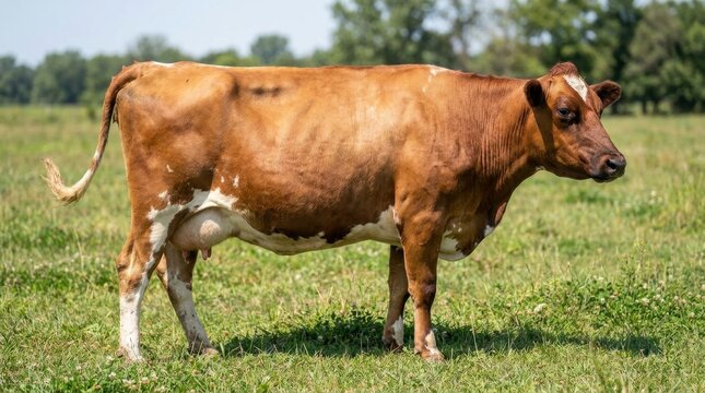 Brown Cow Standing in a Green Grassy Field on a Sunny Day.