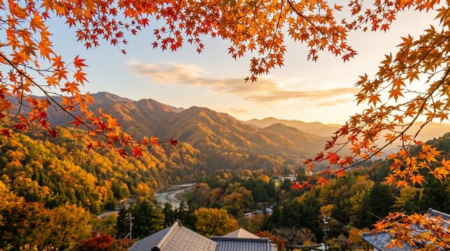 Autumn landscape background with Japanese maple tree branches, vibrant red leaves, glowing golden sunlight, and scenic mountain range during fall season