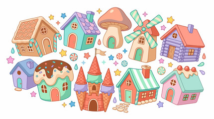 Naklejka premium Cute fairytale house vector set showcasing sweet gingerbread cottage, pastel mushroom building and candy castle, illustrating whimsical storybook town and playful fantasy kingdom
